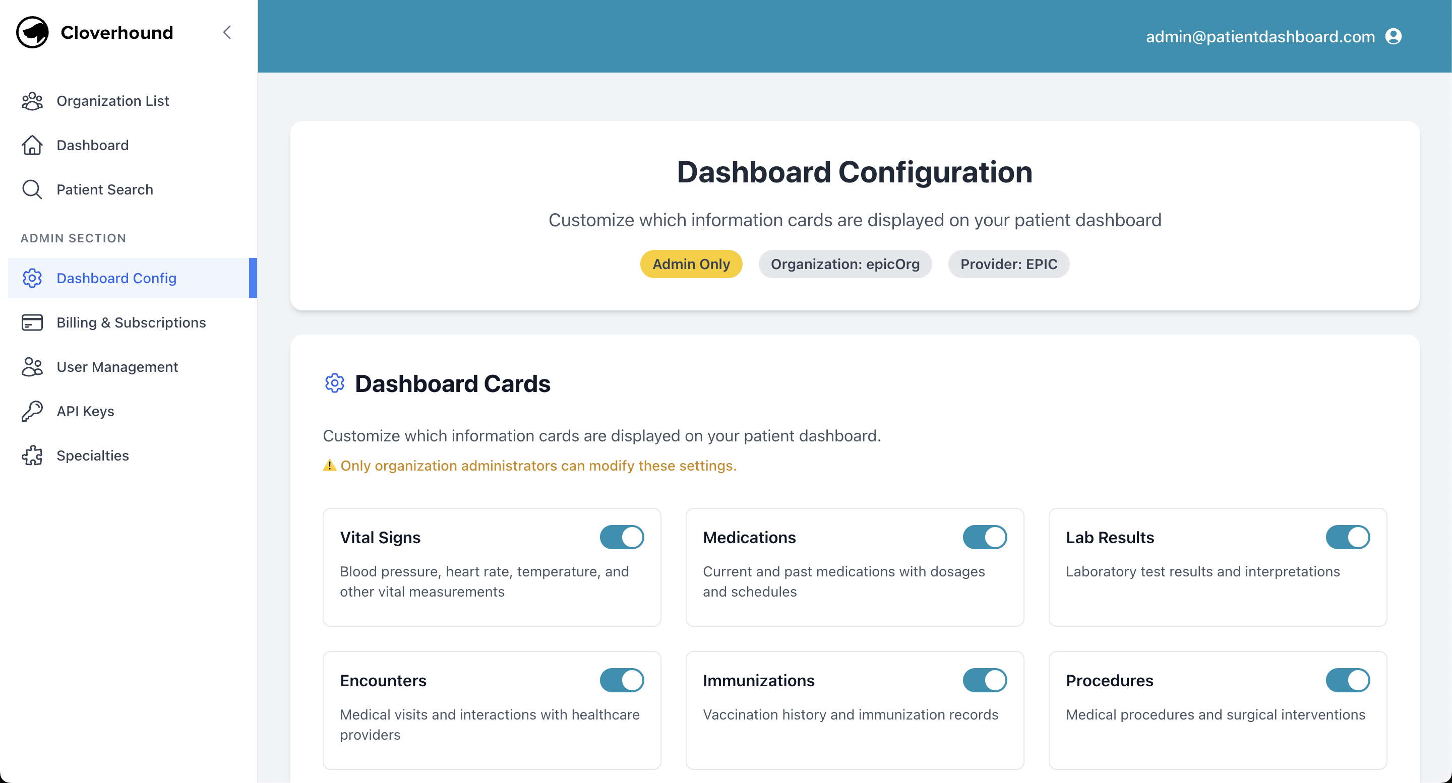 Admin Settings Dashboard